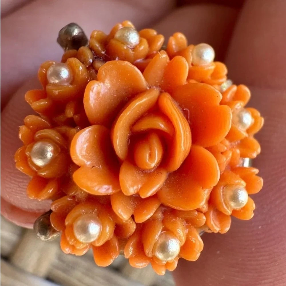 1930’s Vintage Rose Celluloid Coral Brooch Pin with Pearls